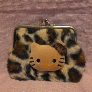 Faux Fur Leopard Print Coin Purse with Hello Kitty Applique - Tan/Brown
